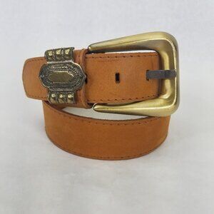 Leather Belt Women M Brown Top Grain Western Brass Buckle Medallion 29"-32" VTG